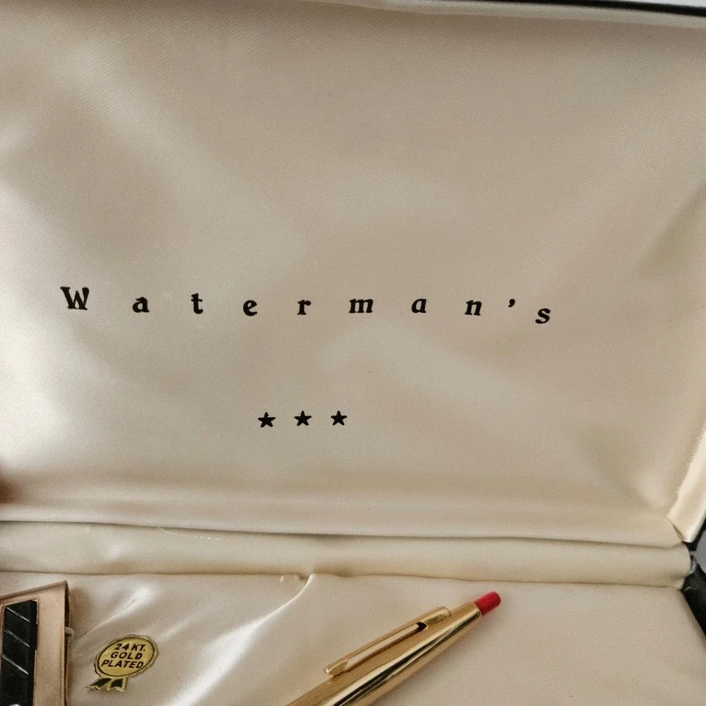 Vintage Waterman's 24KT Gold Plated Cufflinks Tie‎ Bar Pencil Money Clip Set Box